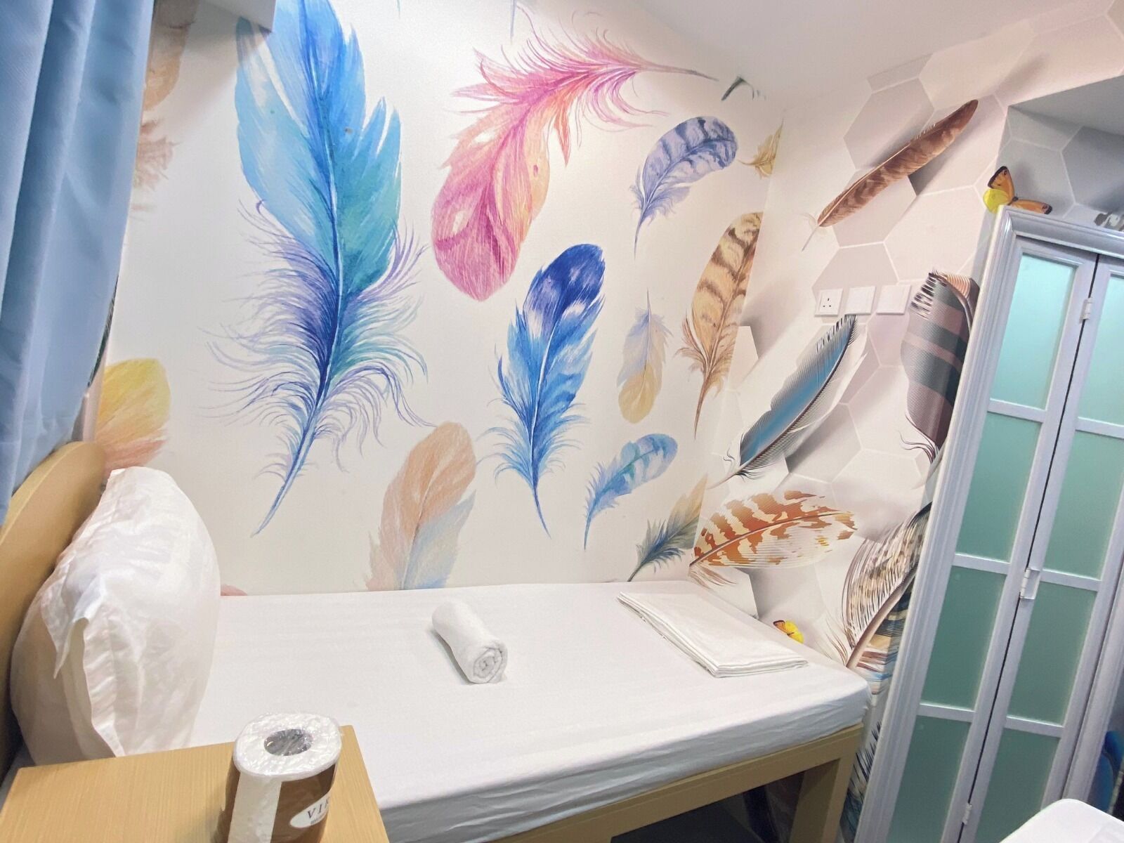 A room with a bed, a wall with feather patterns, and a window with blinds.