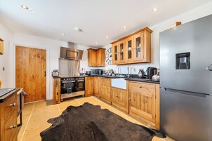 A modern kitchen with wooden cabinets, stainless steel appliances, and a black cowhide rug.