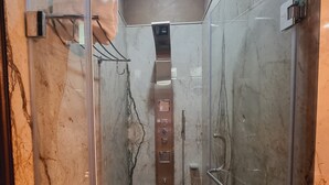 A glass-enclosed shower stall with a control panel, a towel rack, and a metal handrail. - Stylia Suites (Dalhousie)