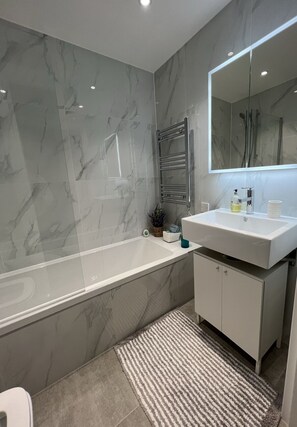 Shower, hair dryer, towels, toilet paper