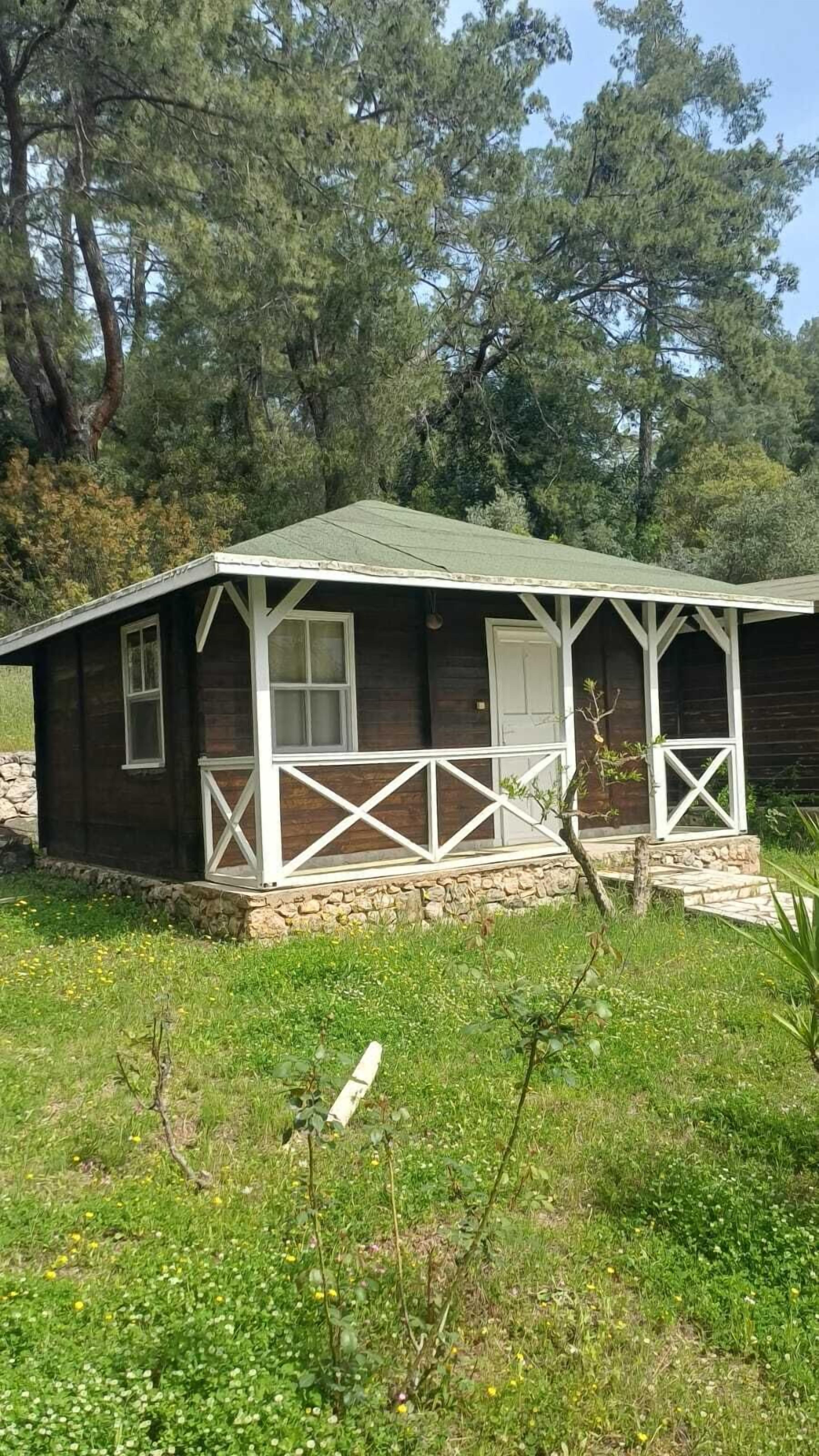Een klein houten huisje met een veranda, omgeven door gras en bomen.