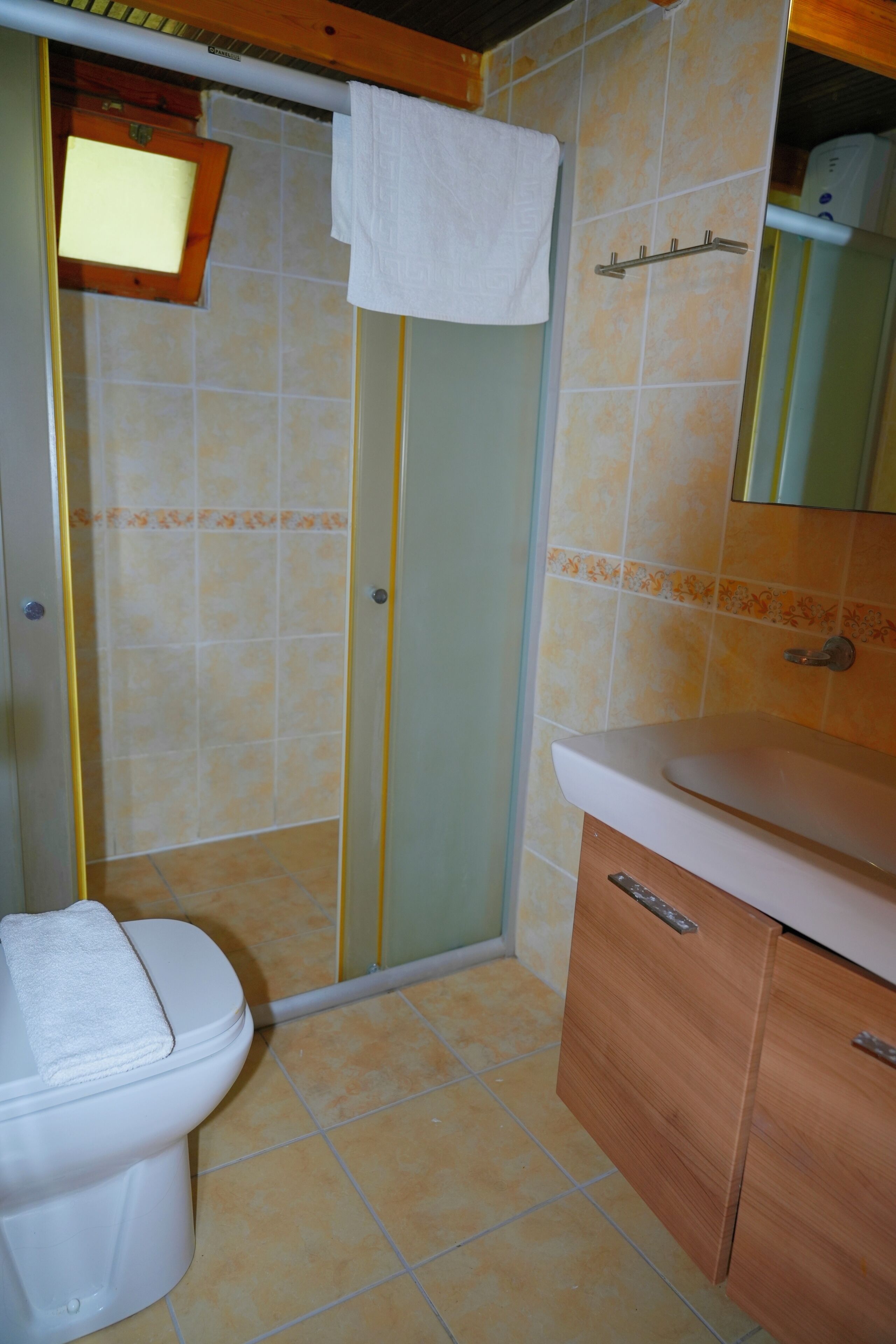 A bathroom with a toilet, a shower, and a sink with a mirror.