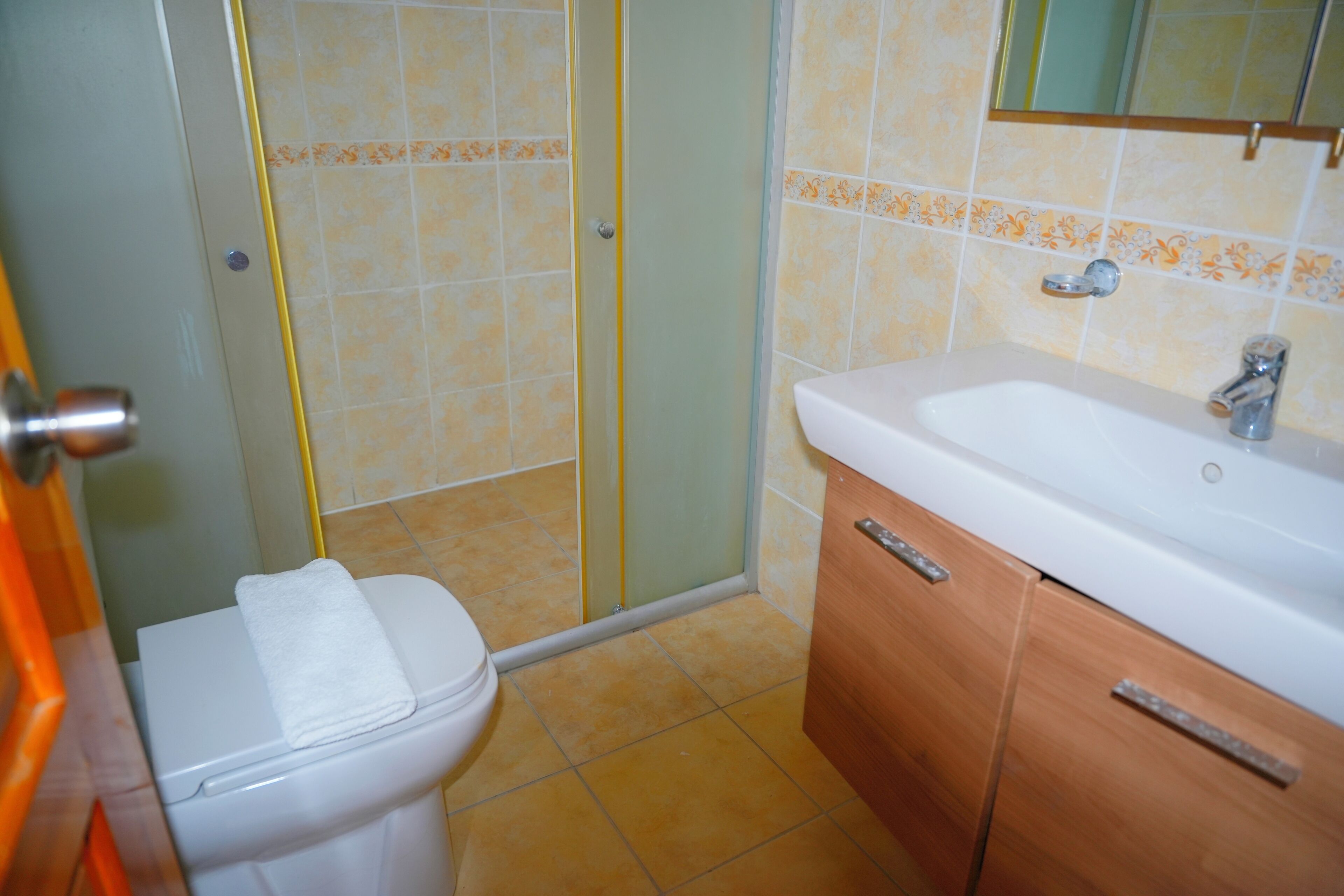 Une salle de bain comprenant des toilettes, un espace douche et un lavabo avec un miroir au-dessus.