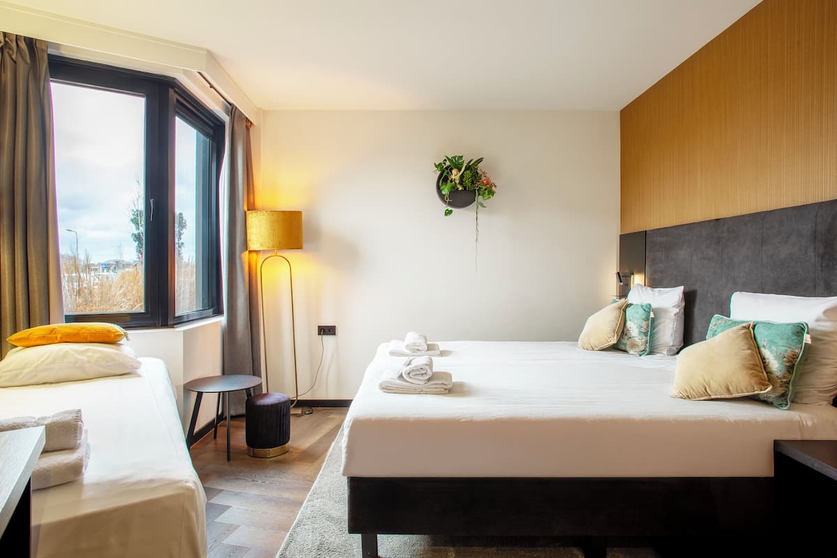 Une chambre d’hôtel avec deux lits, une table de chevet, une lampe, une plante fixée au mur et une vue par la fenêtre.