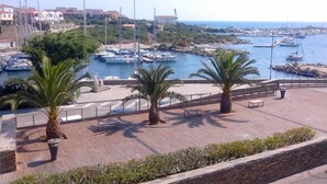Un puerto deportivo con barcos amarrados, un paseo marítimo de madera con bancos y palmeras.