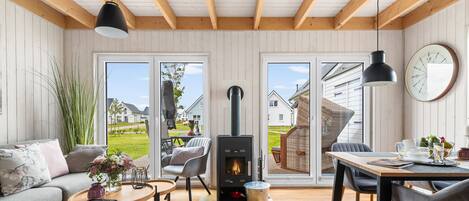 TV, fireplace, video library