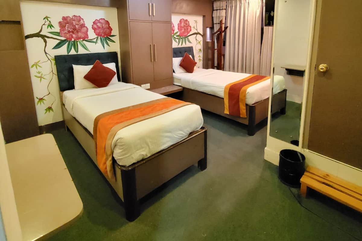 Quarto de hotel com duas camas, um guarda-roupa, um espelho e tapete verde.