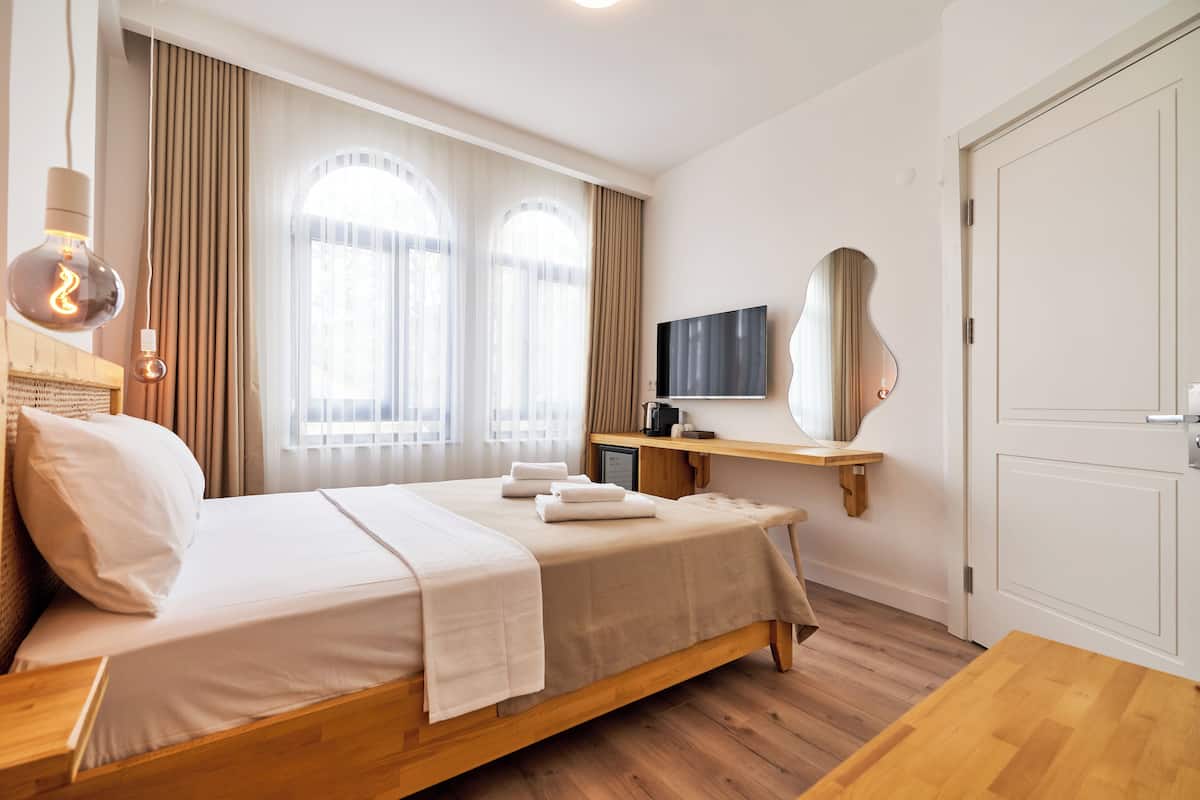 A hotel room with a wooden bed, a flat-screen TV, a mirror, and a wooden desk.