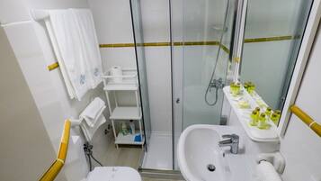 Hair dryer, towels, soap, toilet paper