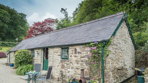 A stone cottage with a gravel driveway, a small outdoor seating area with a table and chairs, and potted plants. - Rhyd y Brown Cottage, Llys Y Fran (Clarbeston Road)