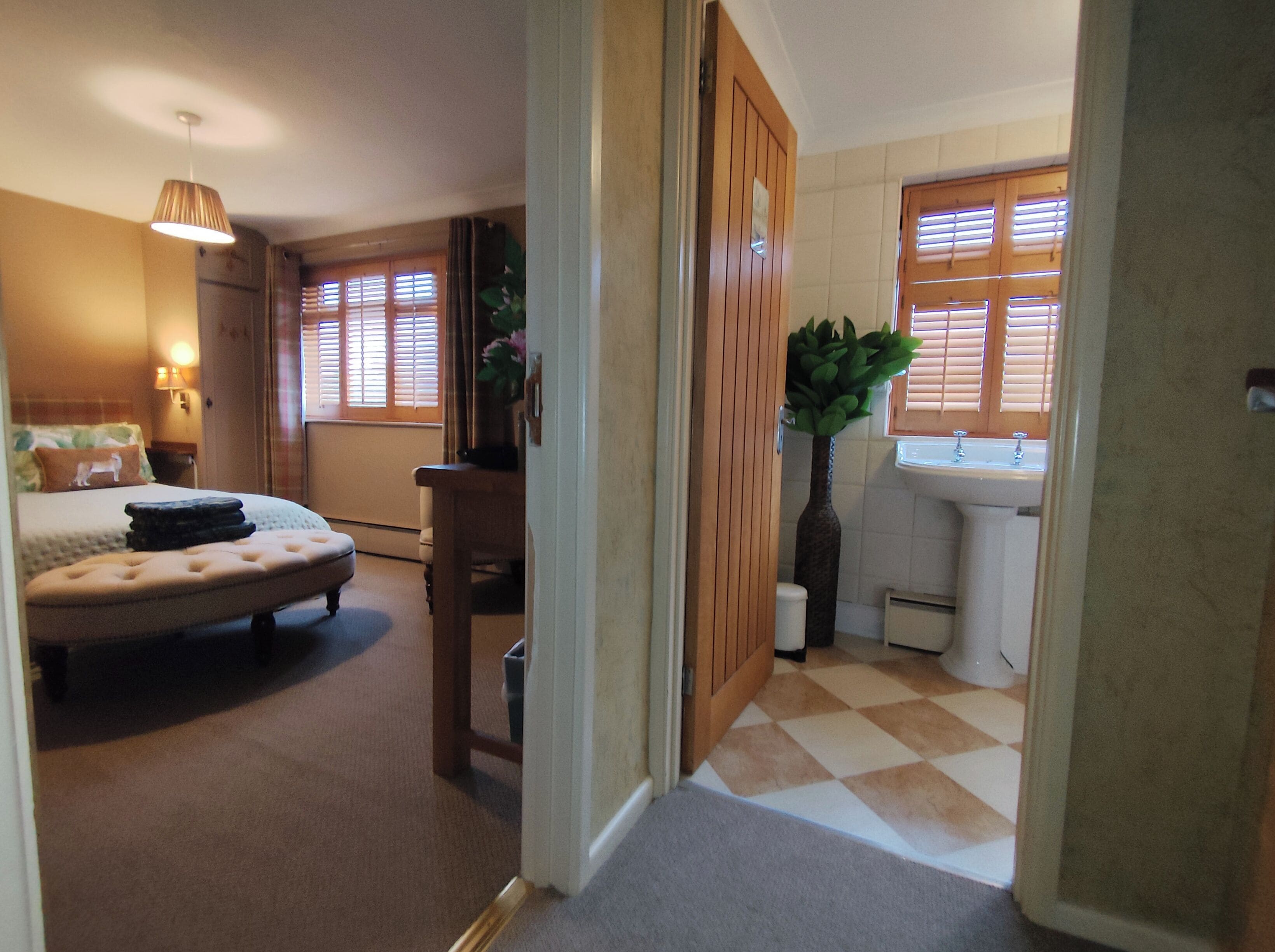 A hotel room with a bed, a desk, a plant, and a bathroom with a sink and window.