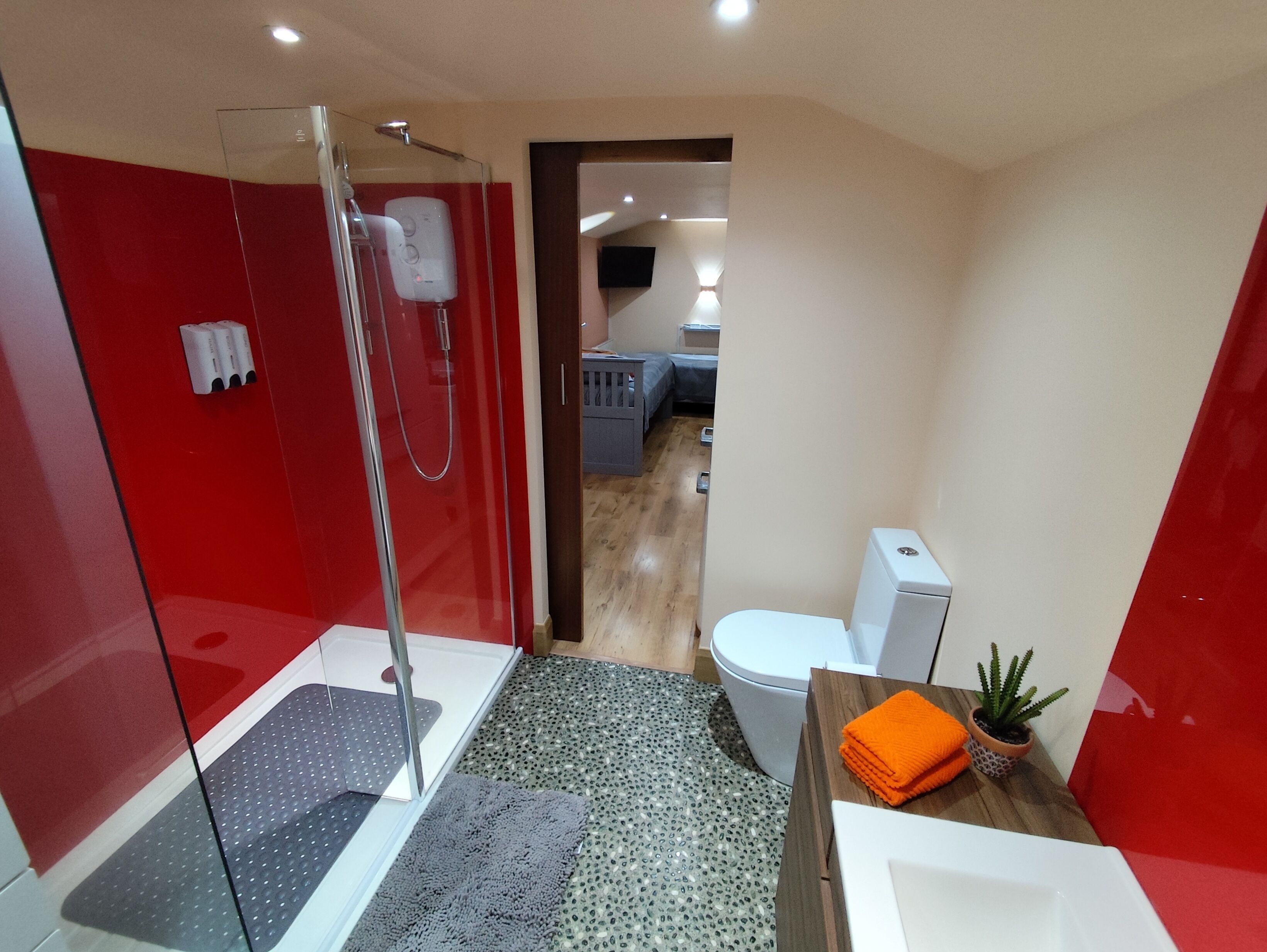 A modern bathroom with a glass shower enclosure, a toilet, and a sink area with a small potted plant.