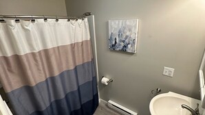 Een badkamer met toilet, douchegordijn, wastafel en een schilderij aan de muur.