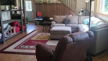 Smart TV, fireplace, DVD player, books