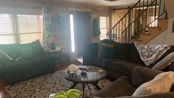 Smart TV, fireplace, books