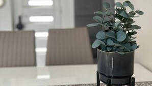 A potted plant on a stand in a dining area with a white table and chairs.
