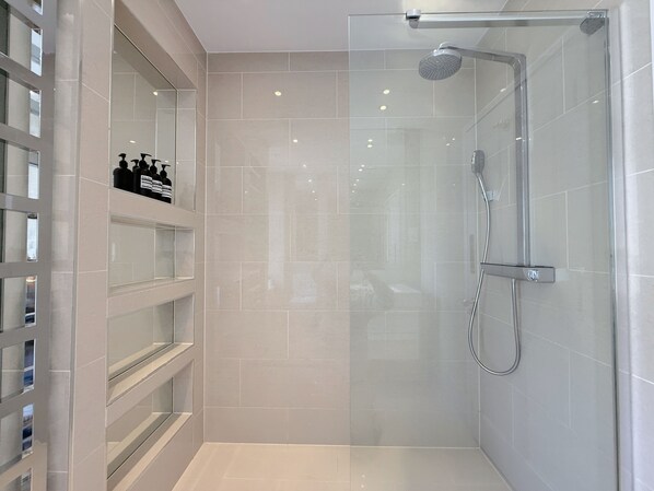 Hair dryer, towels, soap, toilet paper