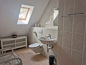 Douche, séchoir à cheveux, serviettes fournies