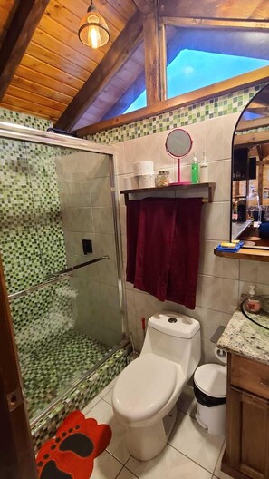 Ein Badezimmer mit Dusche, Toilette und Waschbecken.