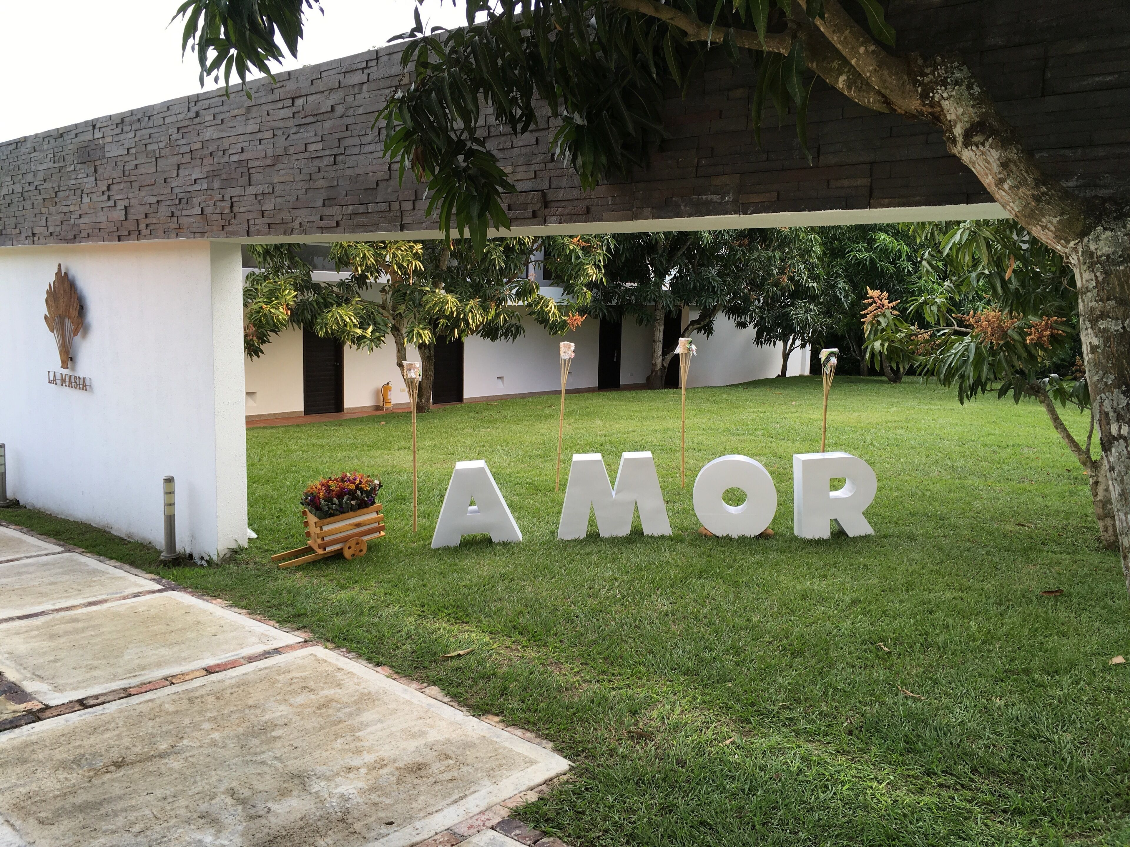 A courtyard with a white wall, a planter with flowers, and large white letters spelling "AMOR".