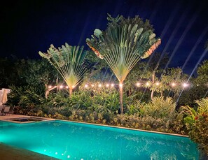 Zona de piscina de nit amb plantes il·luminades i llumetes.