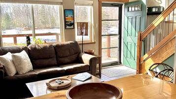 Smart TV, fireplace, books