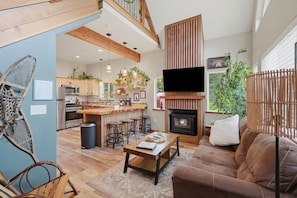 Smart TV, fireplace, books