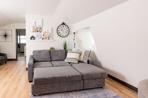 Smart TV, fireplace, books