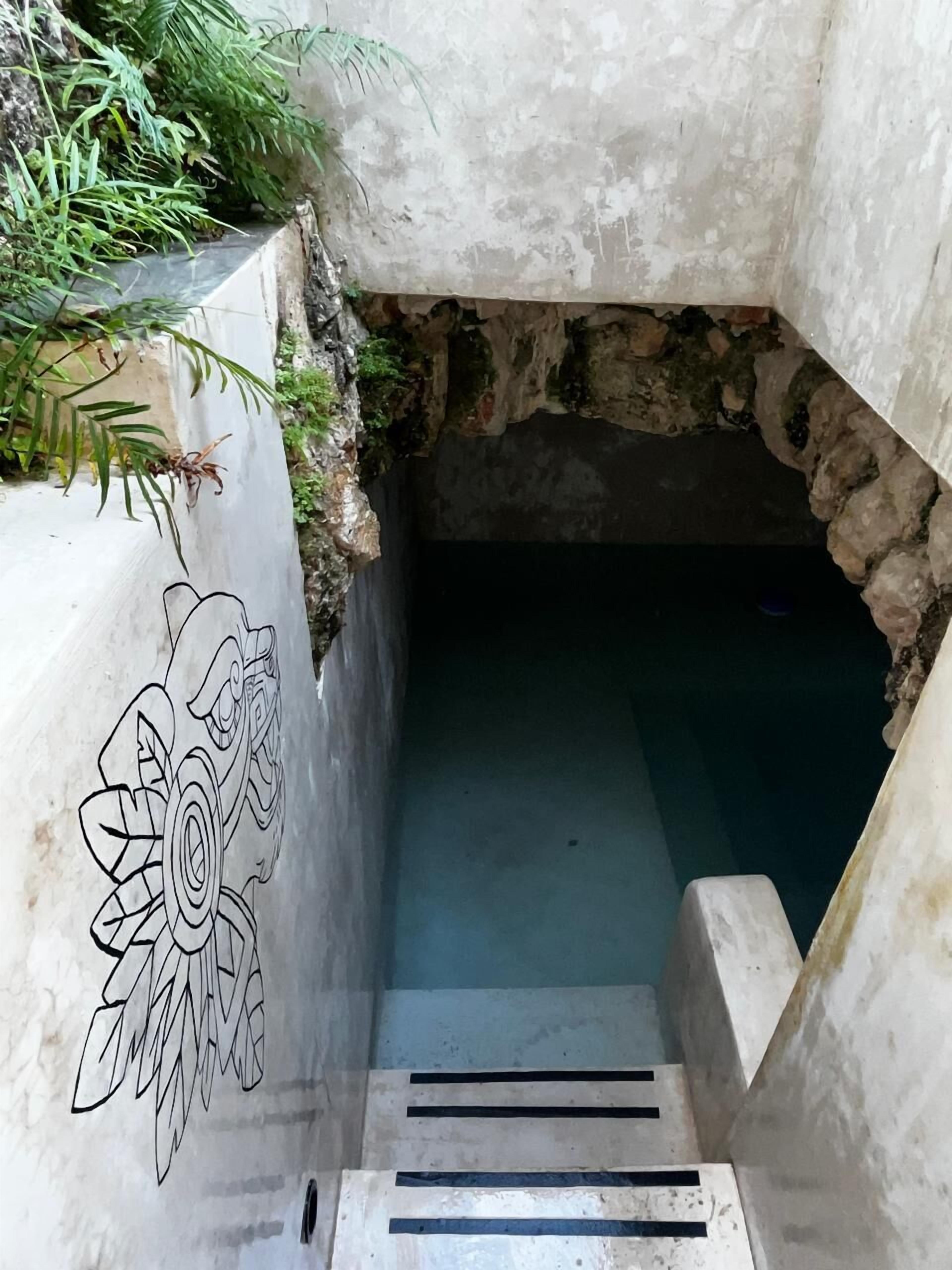 Un estrecho pasaje de concreto con un diseño floral decorativo en la pared, que conduce a un espacio interior oscuro.