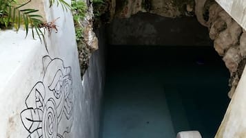 Un étroit passage en béton, agrémenté d’un motif floral décoratif sur le mur, qui mène à un intérieur sombre.