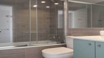 Shower, hair dryer, soap, shampoo