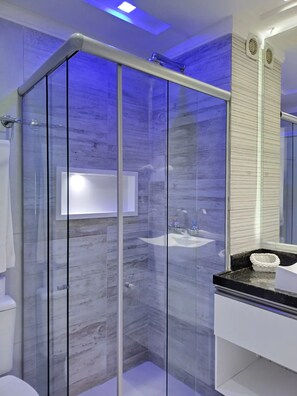 Hair dryer, towels, soap, toilet paper