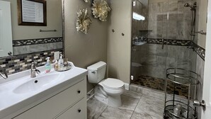A bathroom with a sink, toilet, and shower. There are decorative wall pieces and a mirror with lights. - Lonely Oak Guesthouse! Room 4 (Llano County)