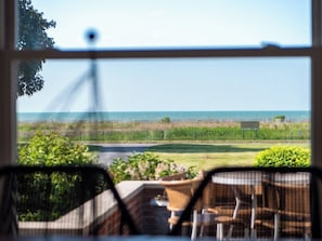 A view from a window overlooking a grassy area with a fence, a road, and a body of water. - Waterfront sleeps 13 2-Kings/Crib/1st flr sleeper (Port Clinton)