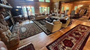 TV connectée, cheminée, livres, chaßne hi-fi