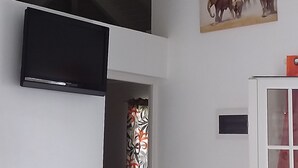 A room with a mounted television, a painting of elephants, and a patterned curtain.