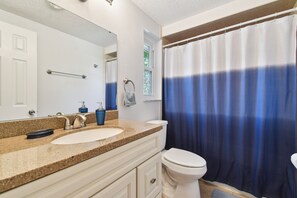 Hair dryer, towels, soap, toilet paper