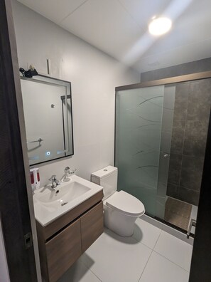 Hair dryer, towels, soap, toilet paper