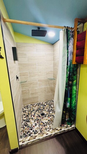 Shower, towels, soap, toilet paper