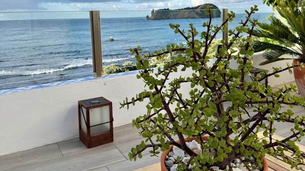 Une table en bois, avec deux tasses et une plante en pot, sur un balcon donnant sur la mer.
