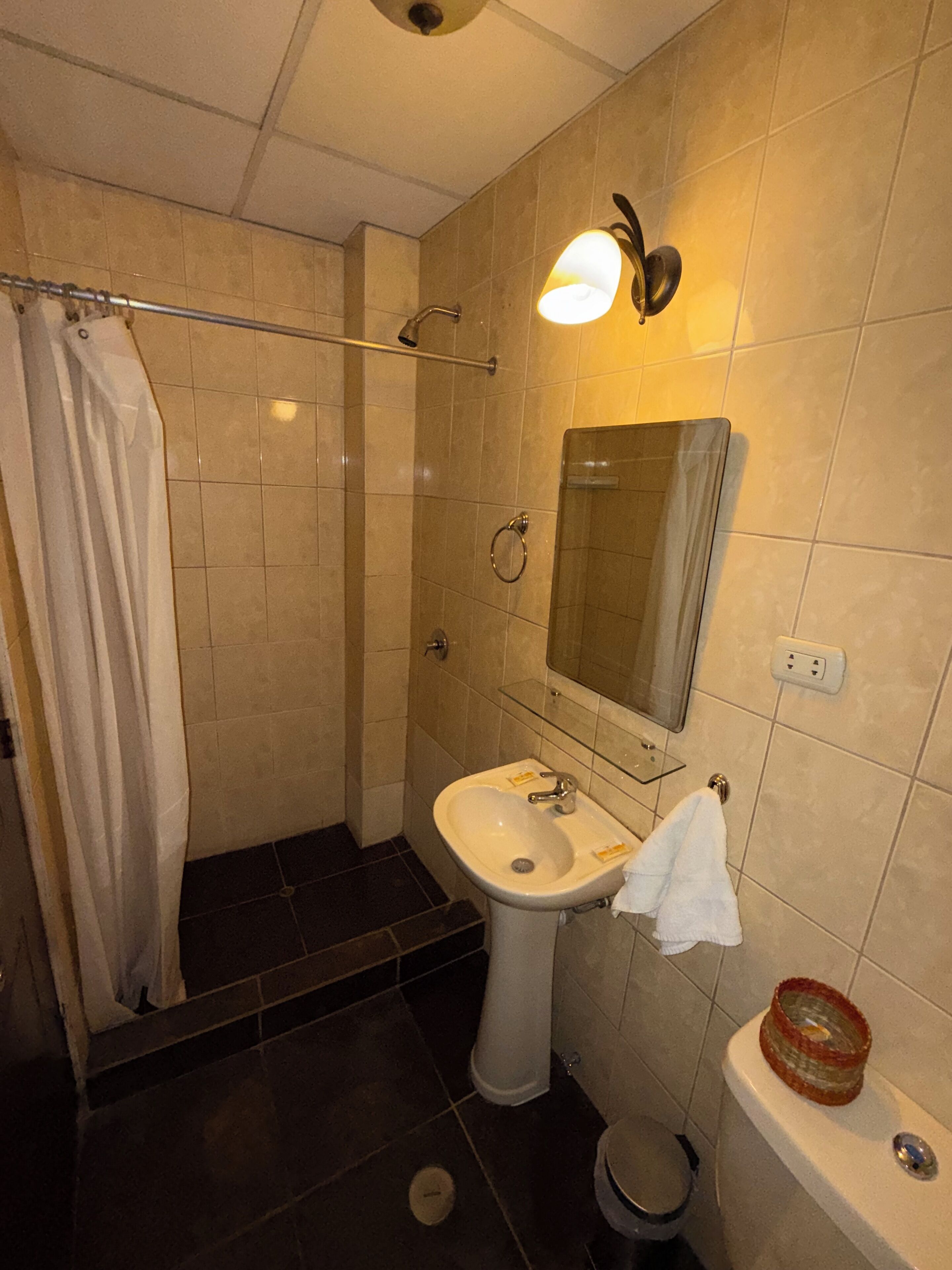 A bathroom with a shower, sink, and toilet.