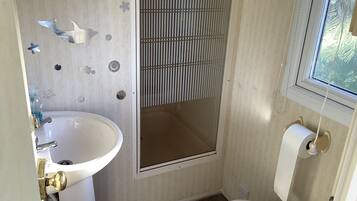 Shower, towels, soap, toilet paper