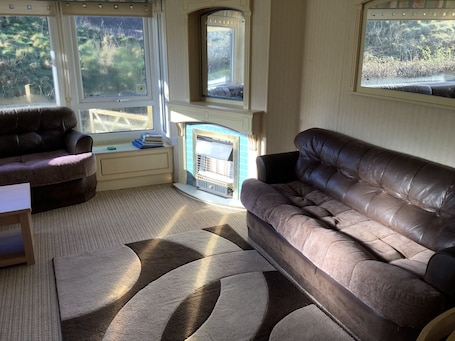TV, fireplace, books. Park Lodge sleeps 6 On Beautiful Rural Welsh Farm