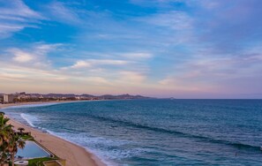 On the beach, sun loungers, beach towels
