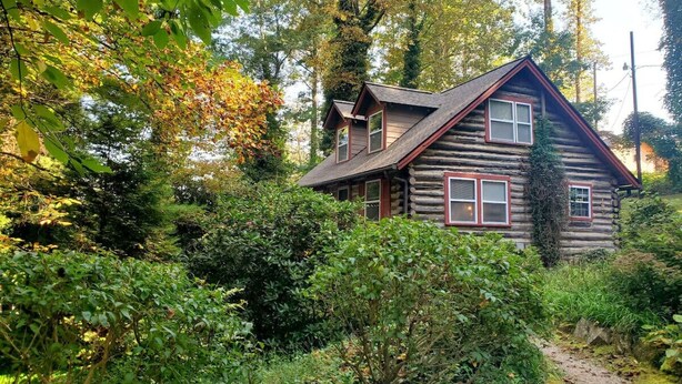 A rustic log cabin surrounded by dense foliage and a dirt path.