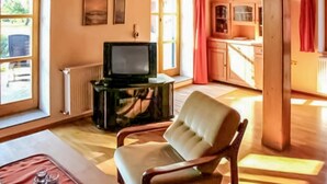 Ein Wohnzimmer mit Fernseher, einem gepolsterten Sessel und Blick ins Freie durch große Fenster.