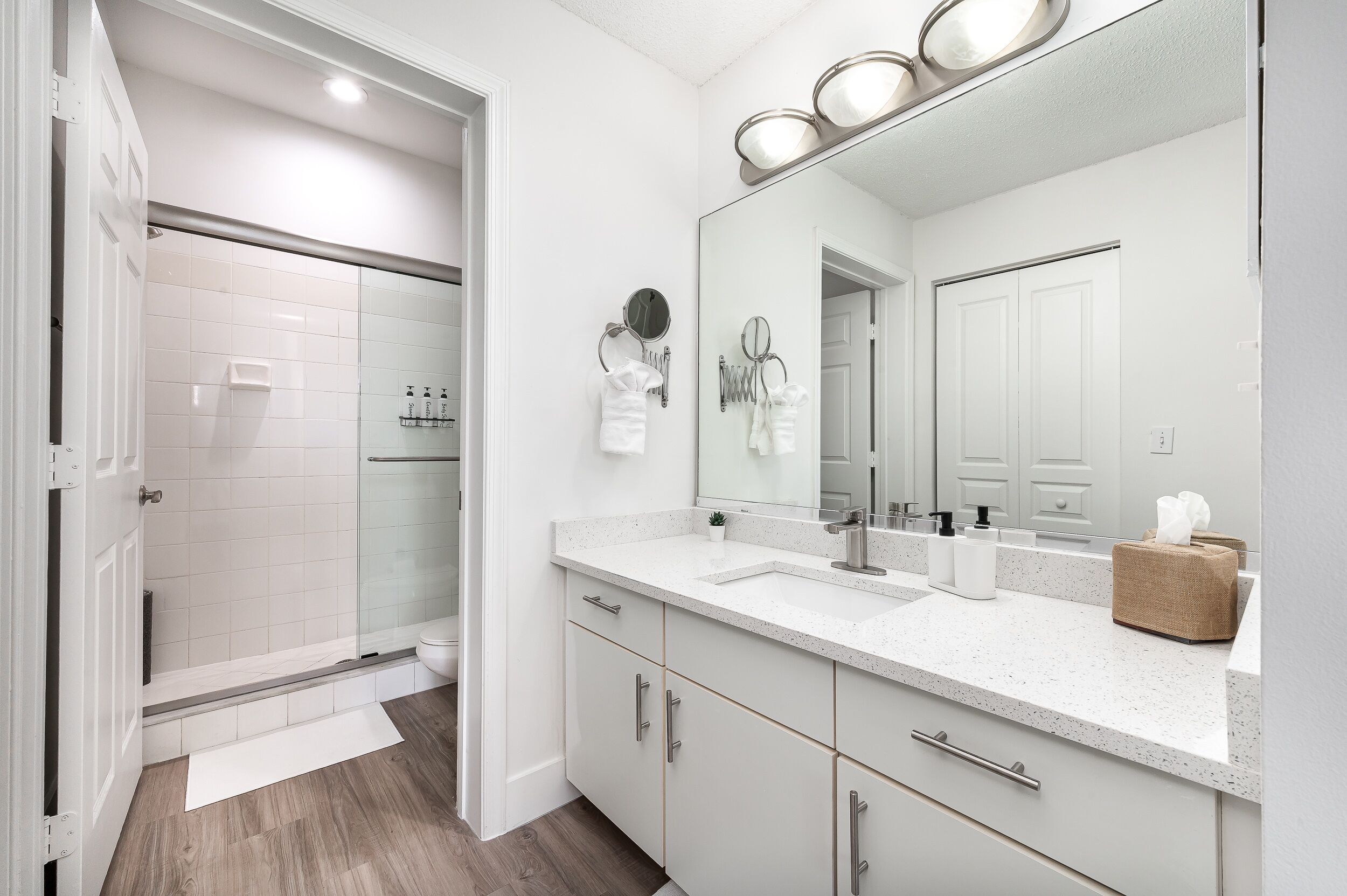 Shower, hair dryer, towels