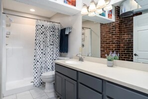 Hair dryer, towels, soap, shampoo