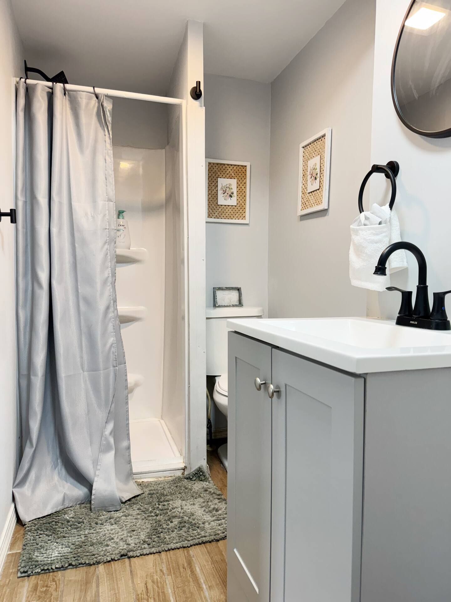 Hair dryer, towels, soap, shampoo