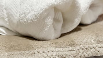 Hair dryer, towels, soap, shampoo